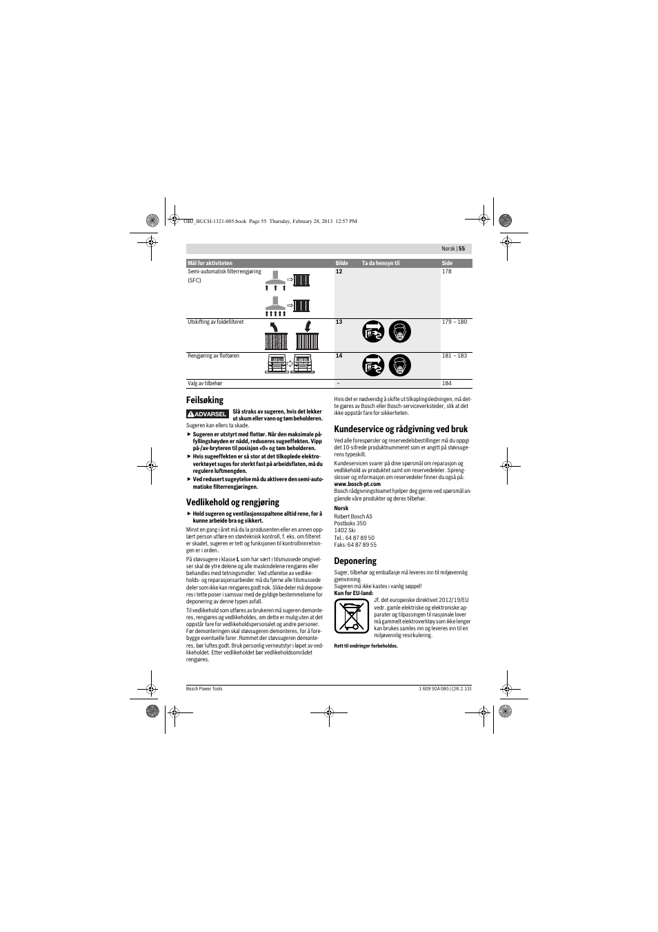 Feilsøking, Vedlikehold og rengjøring, Kundeservice og rådgivning ved bruk | Deponering | Bosch GAS 20 L SFC Professional User Manual | Page 55 / 184