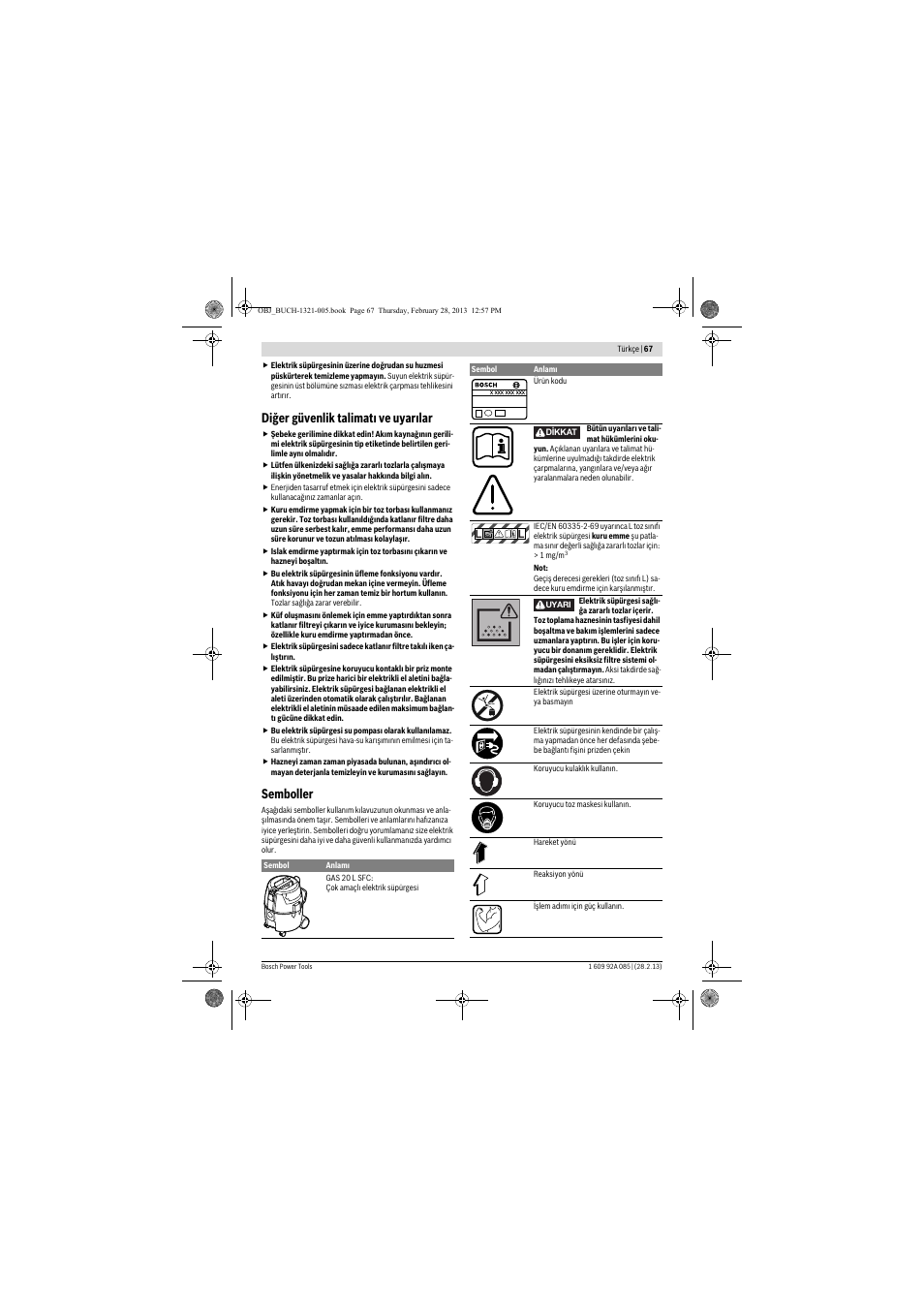 Diğer güvenlik talimatı ve uyarılar, Semboller | Bosch GAS 20 L SFC Professional User Manual | Page 67 / 184