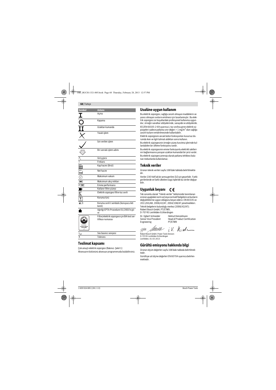 Teslimat kapsamı, Usulüne uygun kullanım, Teknik veriler | Uygunluk beyanı, Gürültü emisyonu hakkında bilgi | Bosch GAS 20 L SFC Professional User Manual | Page 68 / 184