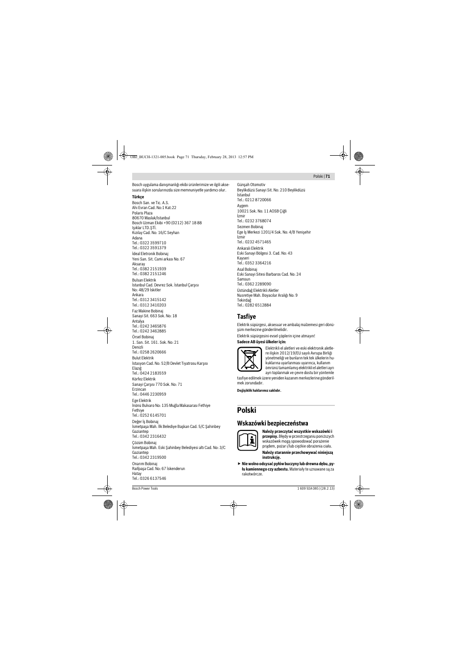 Polski, Tasfiye, Wskazówki bezpieczeństwa | Bosch GAS 20 L SFC Professional User Manual | Page 71 / 184