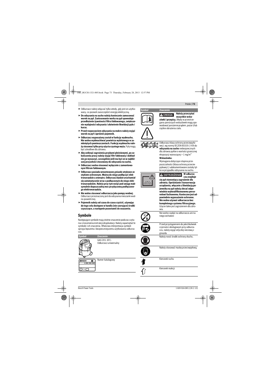 Symbole | Bosch GAS 20 L SFC Professional User Manual | Page 73 / 184