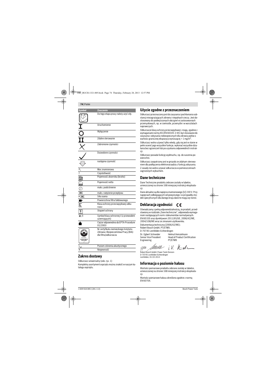 Zakres dostawy, Użycie zgodne z przeznaczeniem, Dane techniczne | Deklaracja zgodności, Informacja o poziomie hałasu | Bosch GAS 20 L SFC Professional User Manual | Page 74 / 184