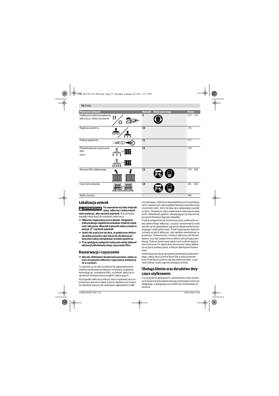 Lokalizacja usterek, Konserwacja i czyszczenie | Bosch GAS 20 L SFC Professional User Manual | Page 76 / 184