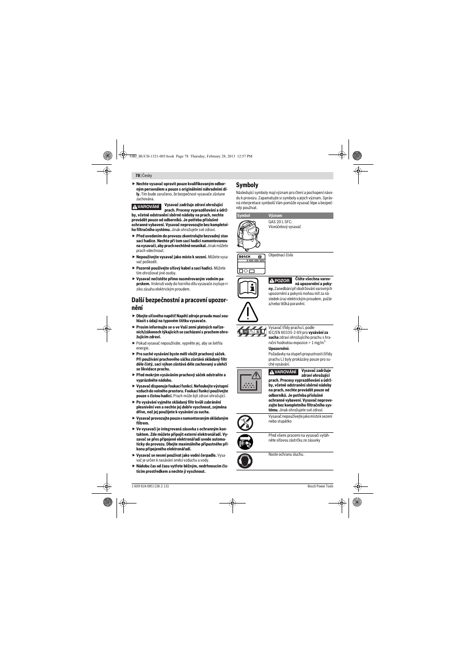 Další bezpečnostní a pracovní upozor- nění, Symboly | Bosch GAS 20 L SFC Professional User Manual | Page 78 / 184