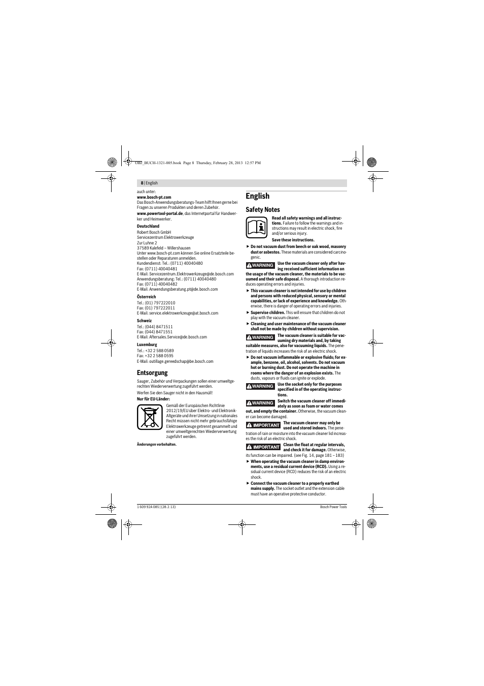 English, Entsorgung | Bosch GAS 20 L SFC Professional User Manual | Page 8 / 184