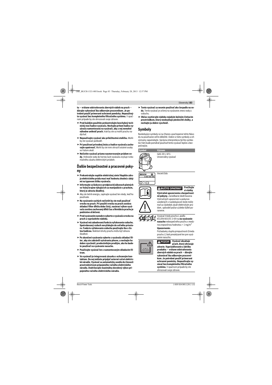 Ďalšie bezpečnostné a pracovné poky- ny, Symboly | Bosch GAS 20 L SFC Professional User Manual | Page 83 / 184