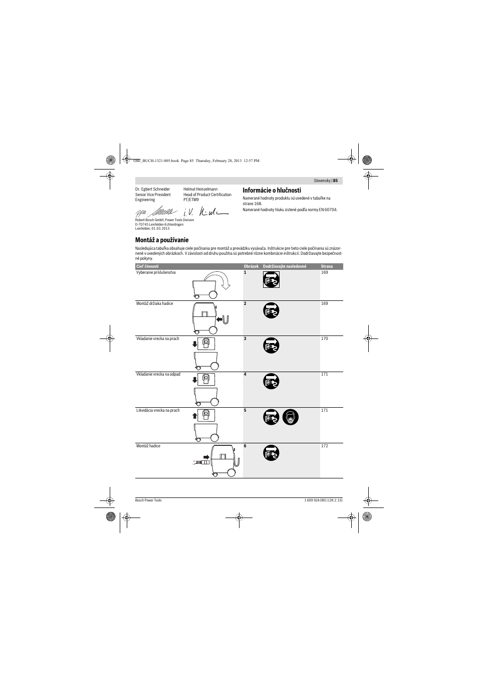 Informácie o hlučnosti, Montáž a používanie | Bosch GAS 20 L SFC Professional User Manual | Page 85 / 184