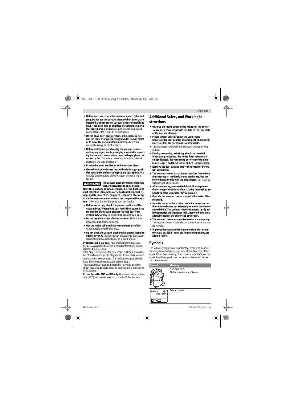 Additional safety and working in- structions, Symbols | Bosch GAS 20 L SFC Professional User Manual | Page 9 / 184