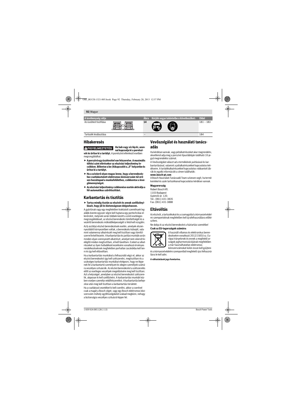 Hibakeresés, Karbantartás és tisztítás, Vevőszolgálat és használati tanács- adás | Eltávolítás | Bosch GAS 20 L SFC Professional User Manual | Page 92 / 184