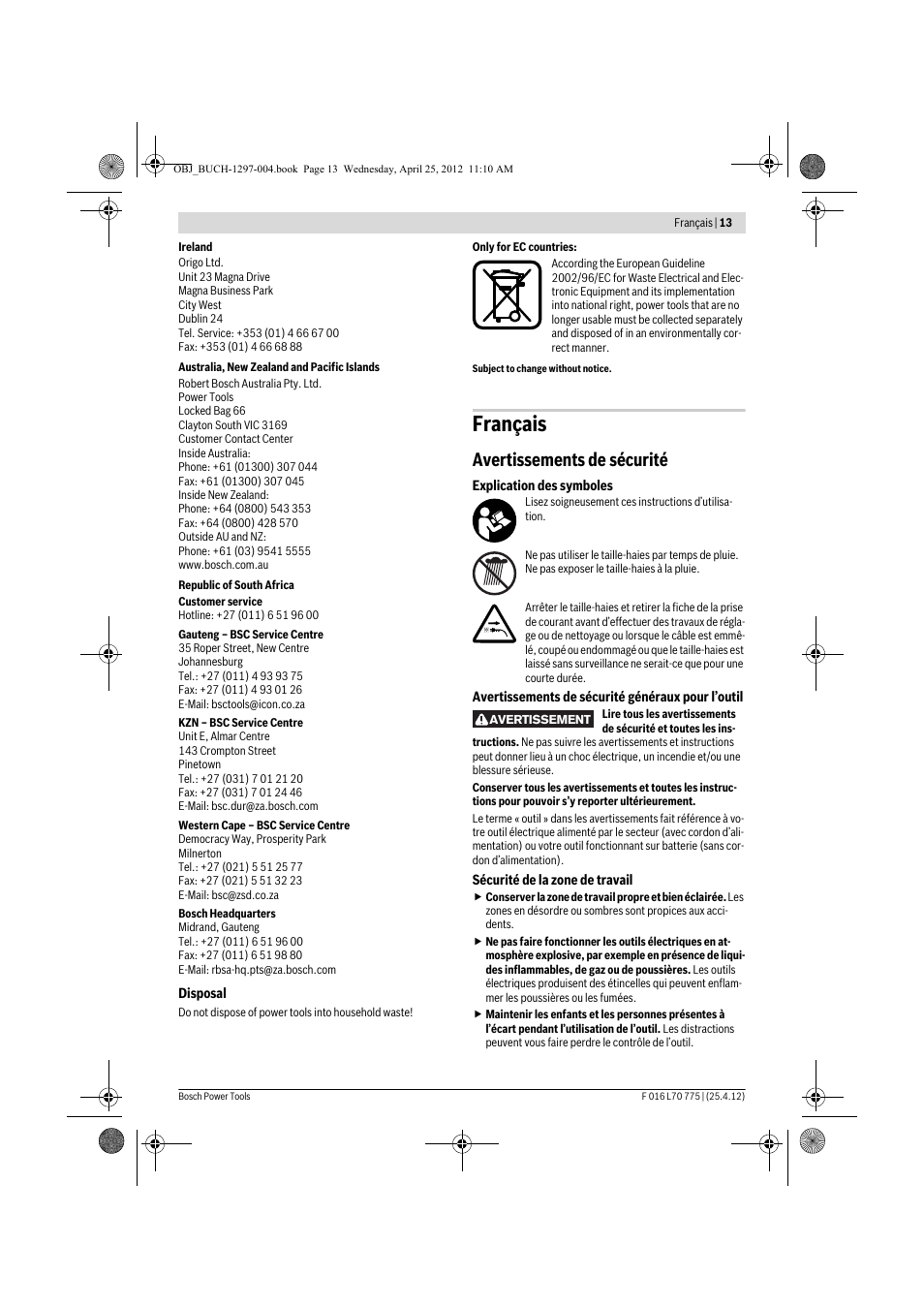 Français, Avertissements de sécurité | Bosch AHS 45-16 User Manual | Page 13 / 144