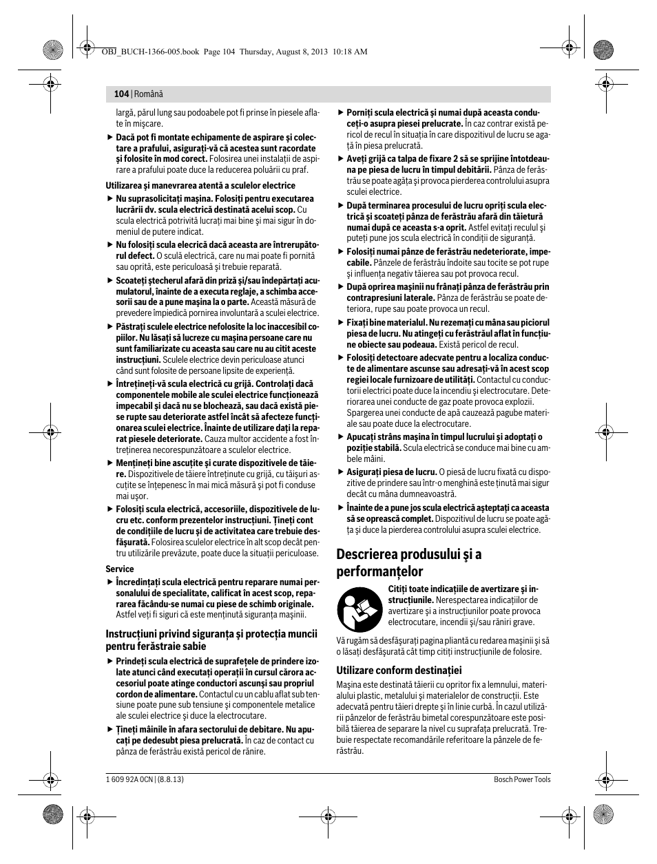 Descrierea produsului şi a performanţelor | Bosch GSA 1300 PCE Professional User Manual | Page 104 / 156