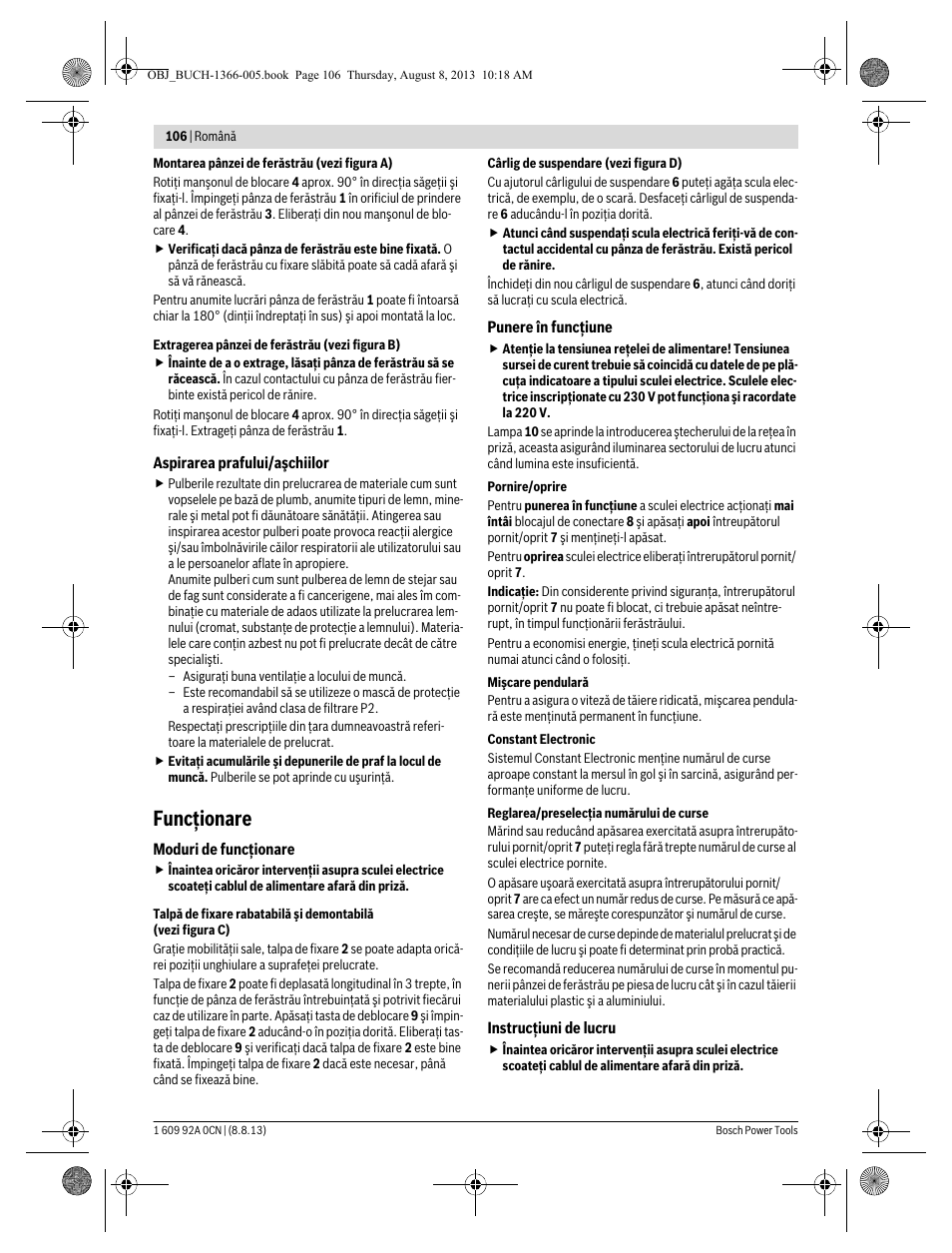 Funcţionare | Bosch GSA 1300 PCE Professional User Manual | Page 106 / 156