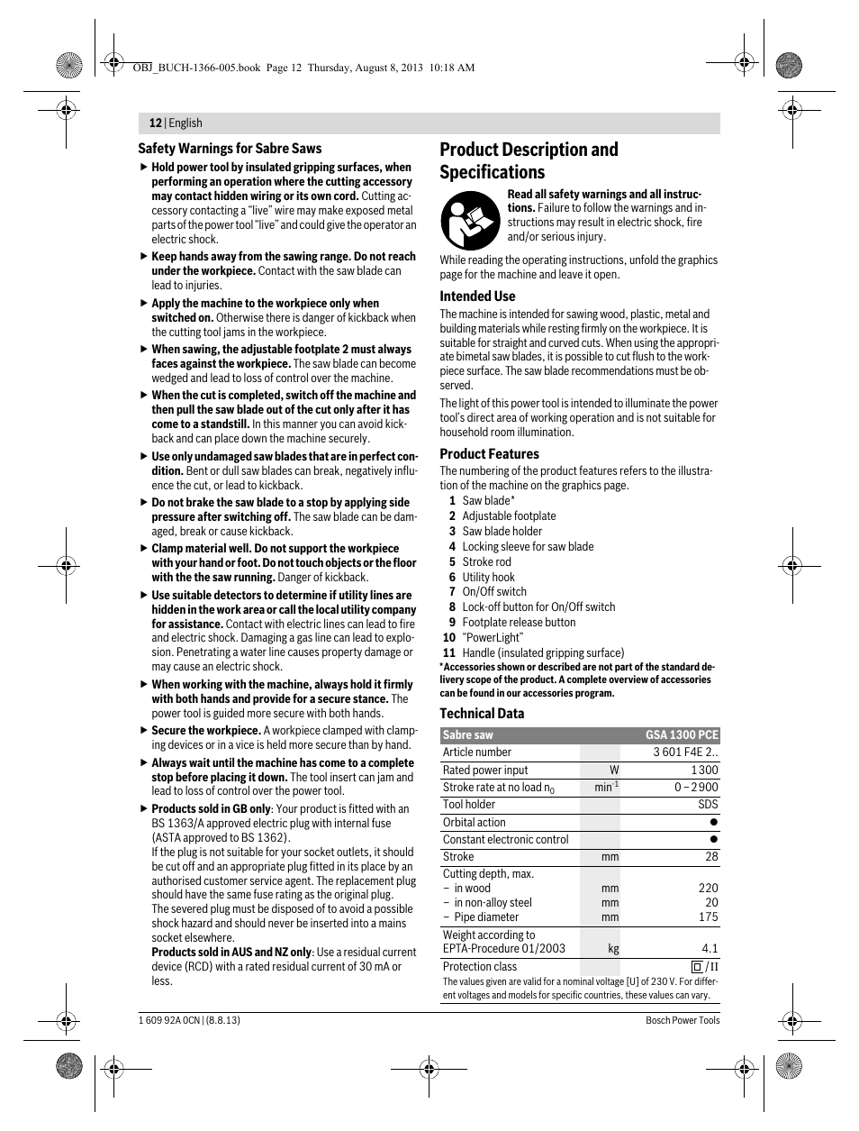 Product description and specifications | Bosch GSA 1300 PCE Professional User Manual | Page 12 / 156
