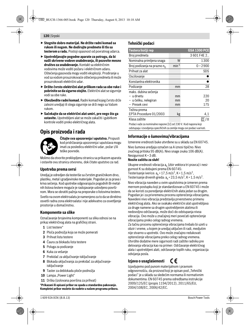 Opis proizvoda i rada | Bosch GSA 1300 PCE Professional User Manual | Page 120 / 156