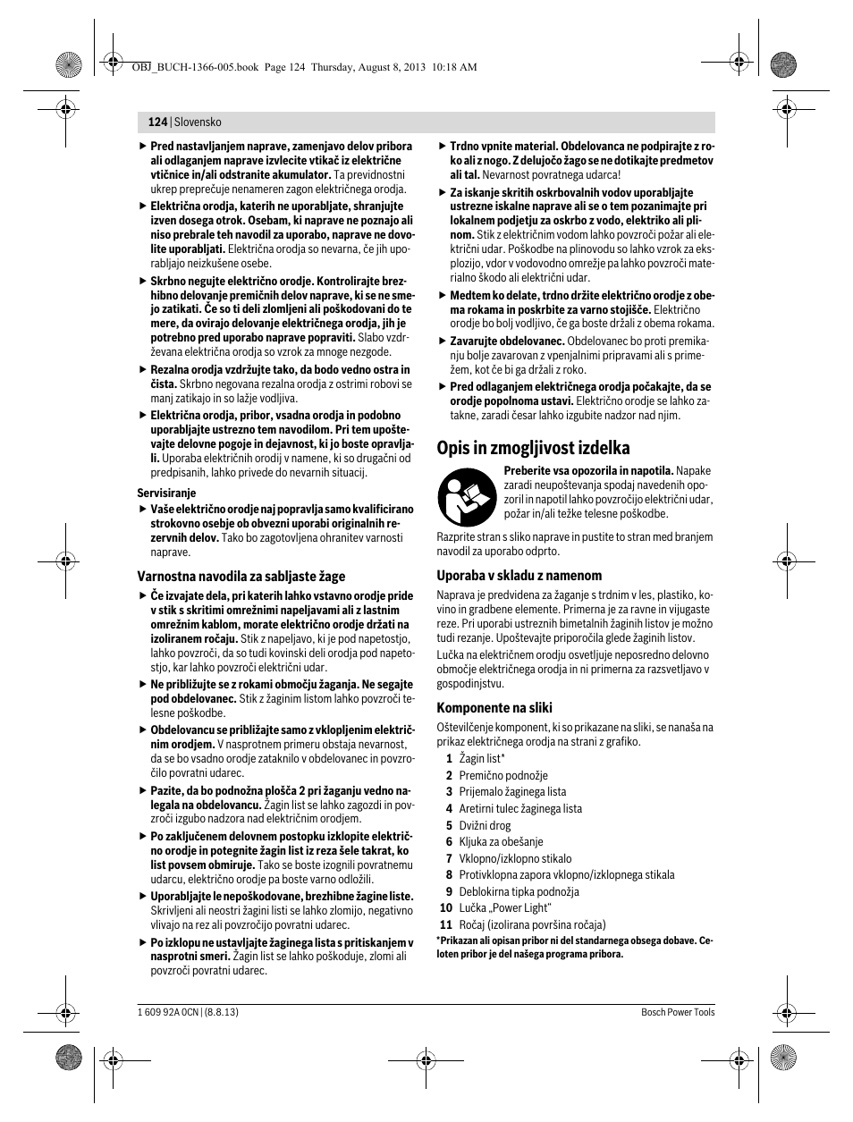 Opis in zmogljivost izdelka | Bosch GSA 1300 PCE Professional User Manual | Page 124 / 156