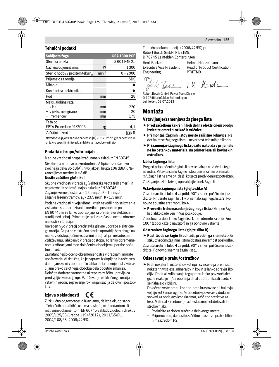 Montaža | Bosch GSA 1300 PCE Professional User Manual | Page 125 / 156