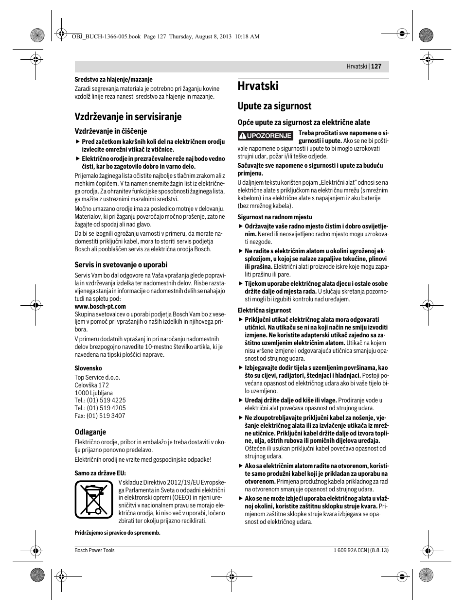 Hrvatski, Vzdrževanje in servisiranje, Upute za sigurnost | Bosch GSA 1300 PCE Professional User Manual | Page 127 / 156