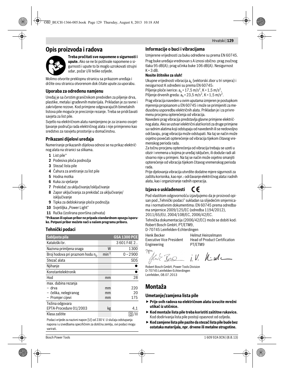 Opis proizvoda i radova, Montaža | Bosch GSA 1300 PCE Professional User Manual | Page 129 / 156