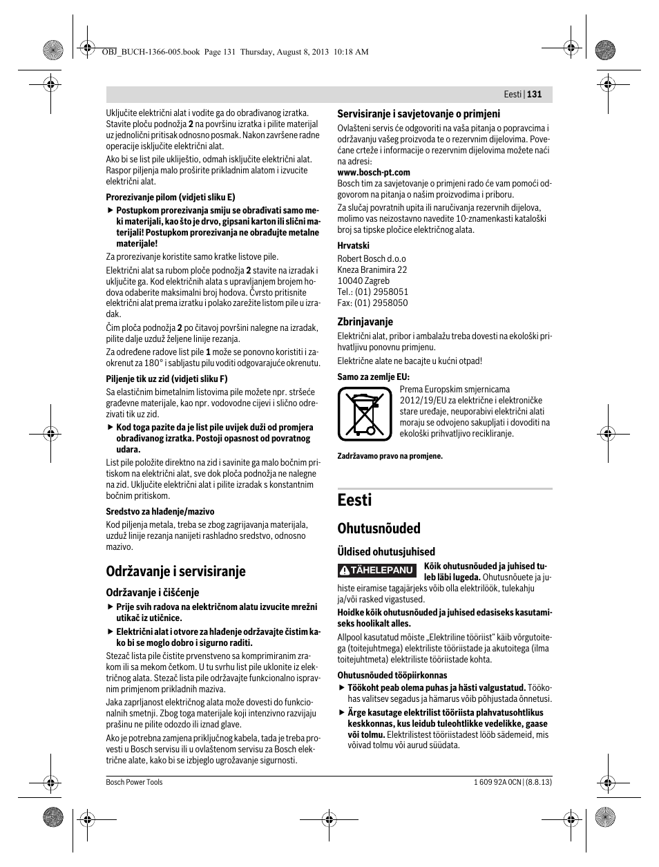 Eesti, Održavanje i servisiranje, Ohutusnõuded | Bosch GSA 1300 PCE Professional User Manual | Page 131 / 156