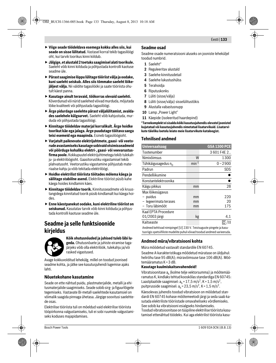 Seadme ja selle funktsioonide kirjeldus | Bosch GSA 1300 PCE Professional User Manual | Page 133 / 156