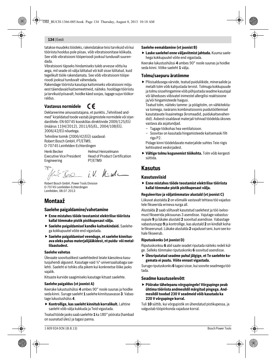 Montaaž, Kasutus | Bosch GSA 1300 PCE Professional User Manual | Page 134 / 156