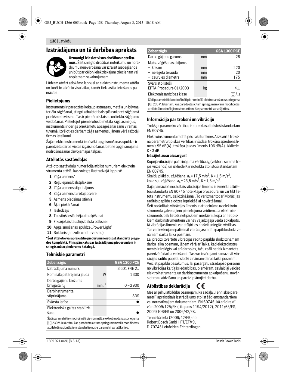 Izstrādājuma un tā darbības apraksts | Bosch GSA 1300 PCE Professional User Manual | Page 138 / 156