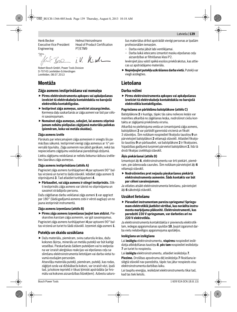 Montāža, Lietošana | Bosch GSA 1300 PCE Professional User Manual | Page 139 / 156