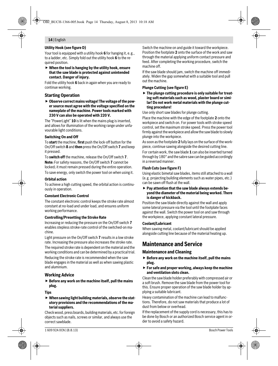 Maintenance and service | Bosch GSA 1300 PCE Professional User Manual | Page 14 / 156