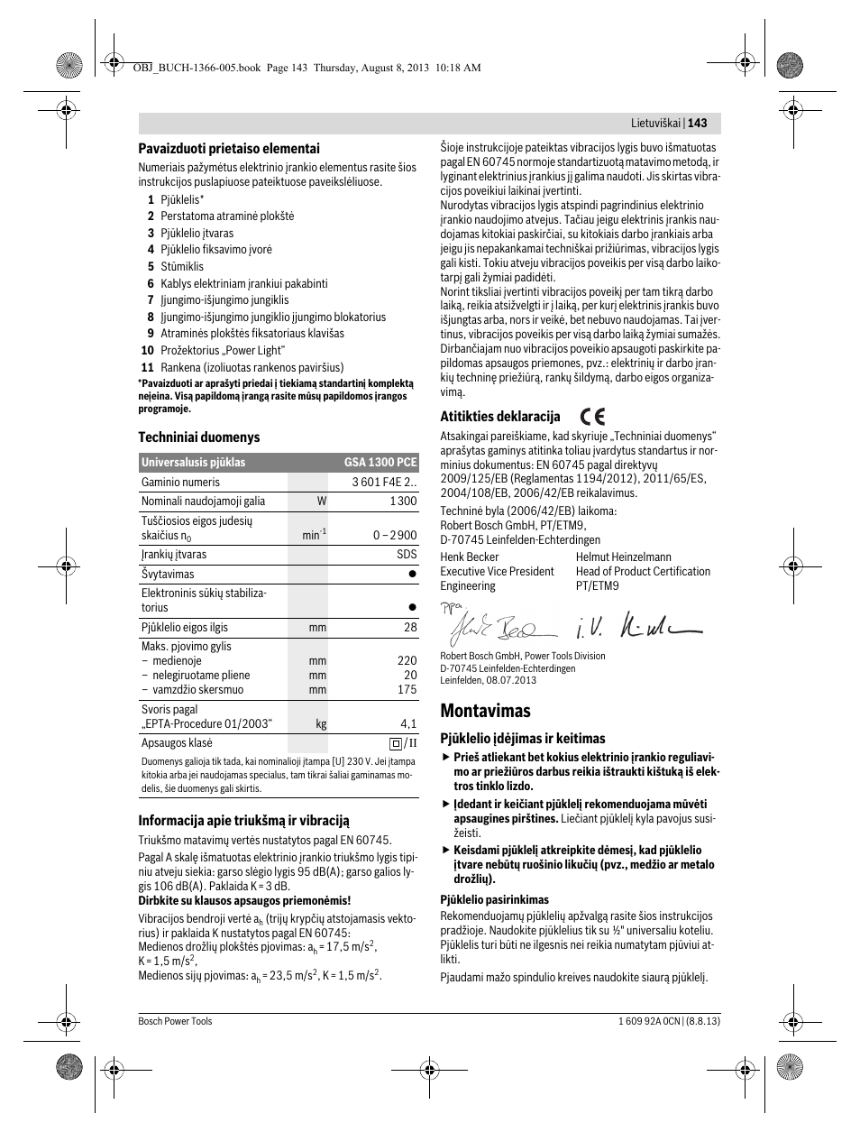Montavimas | Bosch GSA 1300 PCE Professional User Manual | Page 143 / 156