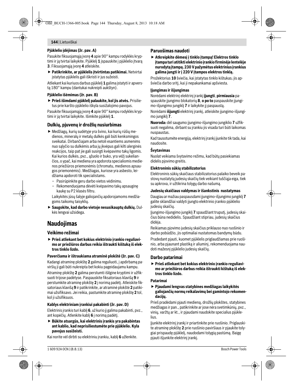 Naudojimas | Bosch GSA 1300 PCE Professional User Manual | Page 144 / 156