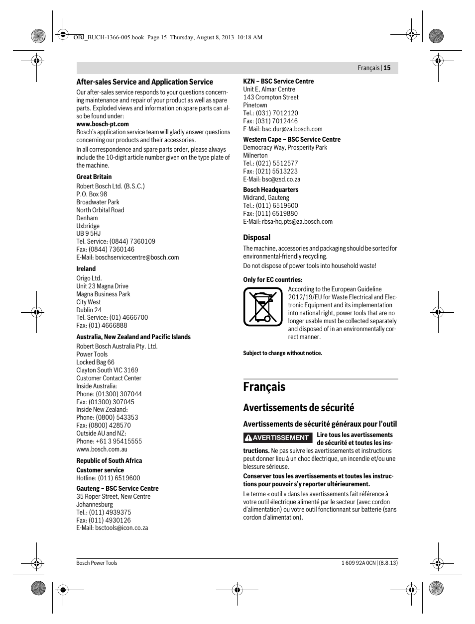 Français, Avertissements de sécurité | Bosch GSA 1300 PCE Professional User Manual | Page 15 / 156