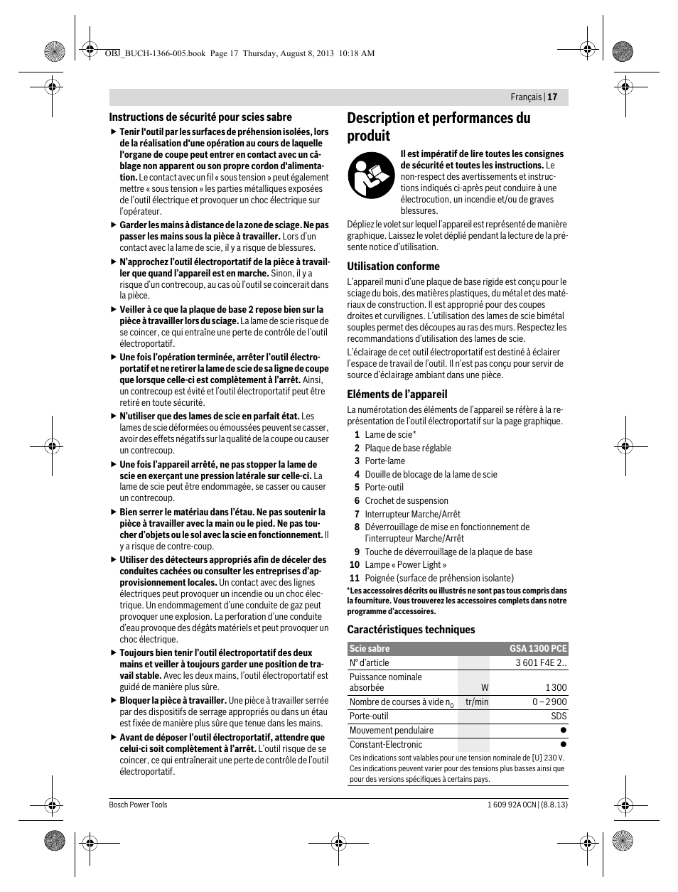 Description et performances du produit | Bosch GSA 1300 PCE Professional User Manual | Page 17 / 156