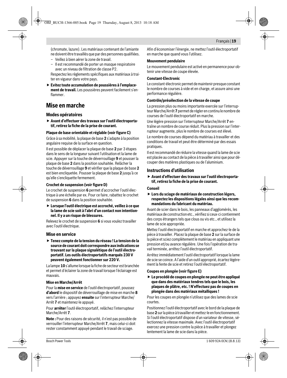 Mise en marche | Bosch GSA 1300 PCE Professional User Manual | Page 19 / 156