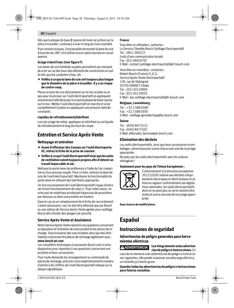 Español, Entretien et service après-vente, Instrucciones de seguridad | Bosch GSA 1300 PCE Professional User Manual | Page 20 / 156