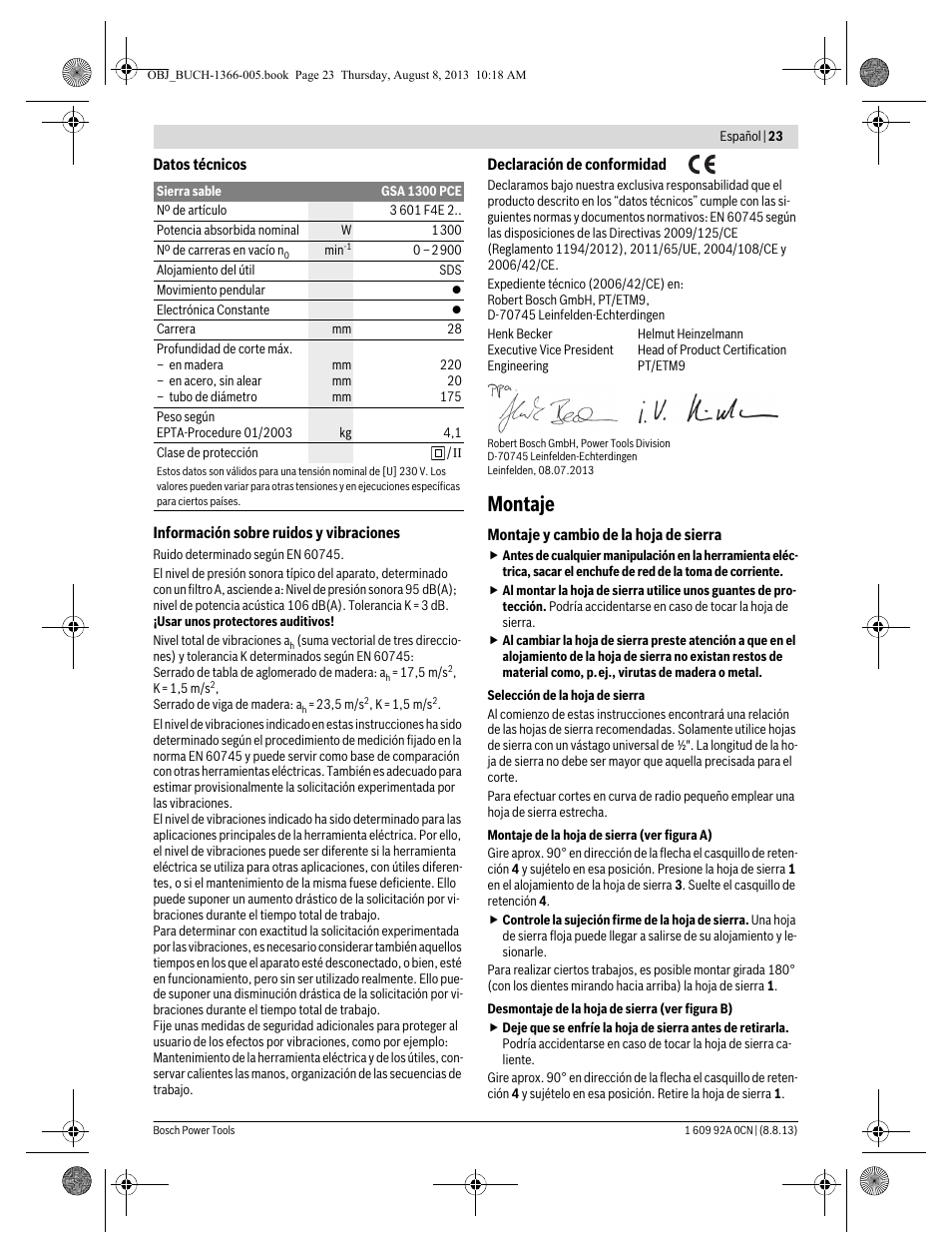 Montaje | Bosch GSA 1300 PCE Professional User Manual | Page 23 / 156