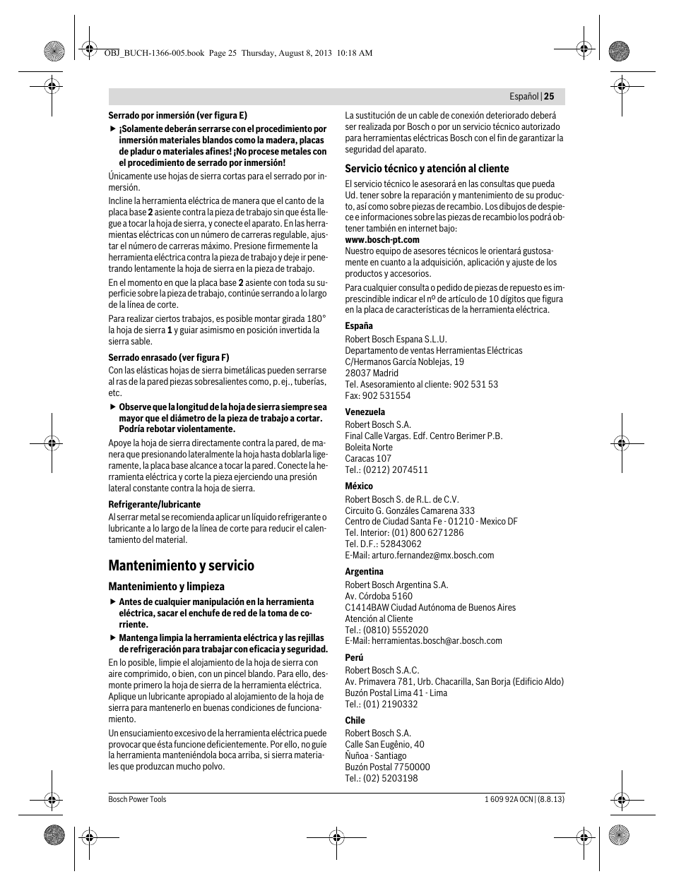 Mantenimiento y servicio | Bosch GSA 1300 PCE Professional User Manual | Page 25 / 156