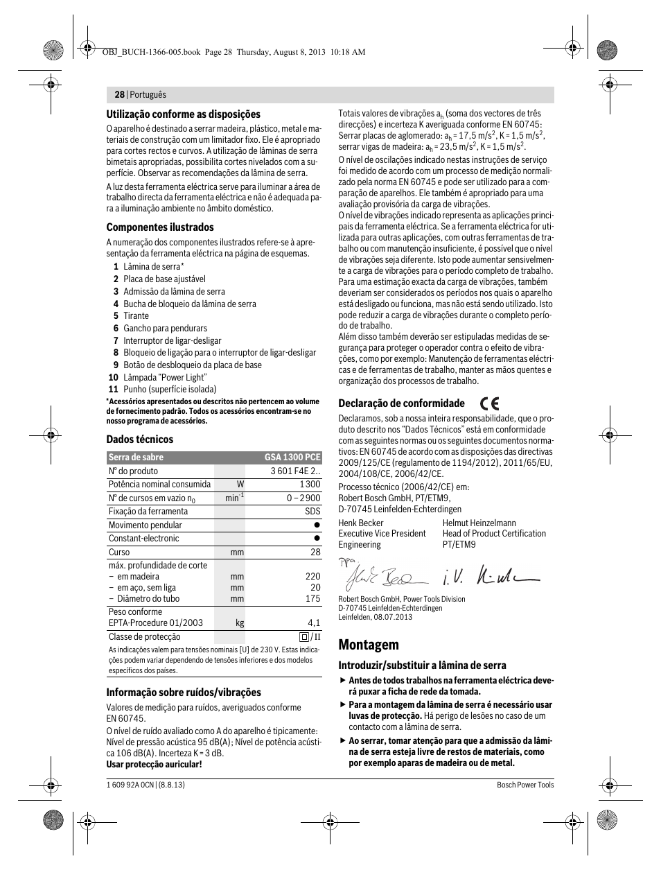 Montagem | Bosch GSA 1300 PCE Professional User Manual | Page 28 / 156