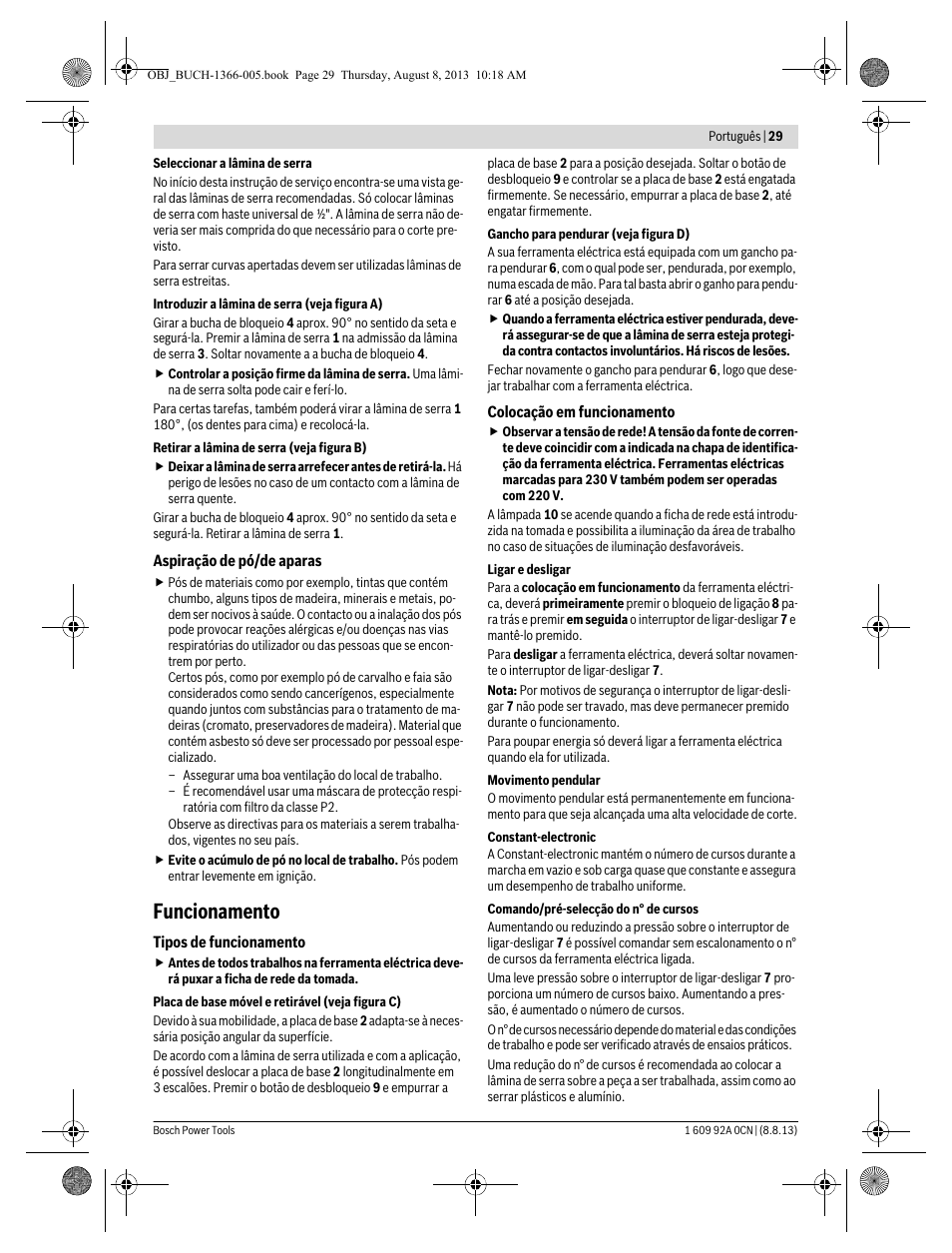 Funcionamento | Bosch GSA 1300 PCE Professional User Manual | Page 29 / 156