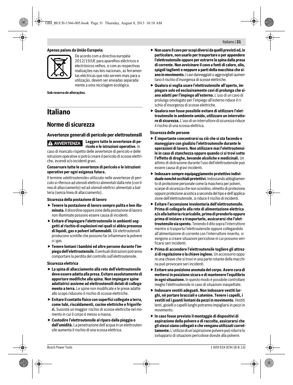 Italiano, Norme di sicurezza | Bosch GSA 1300 PCE Professional User Manual | Page 31 / 156