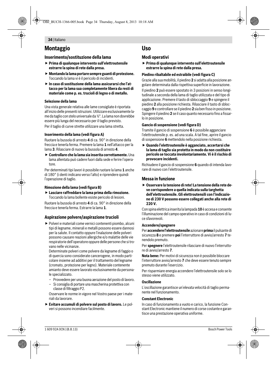 Montaggio | Bosch GSA 1300 PCE Professional User Manual | Page 34 / 156