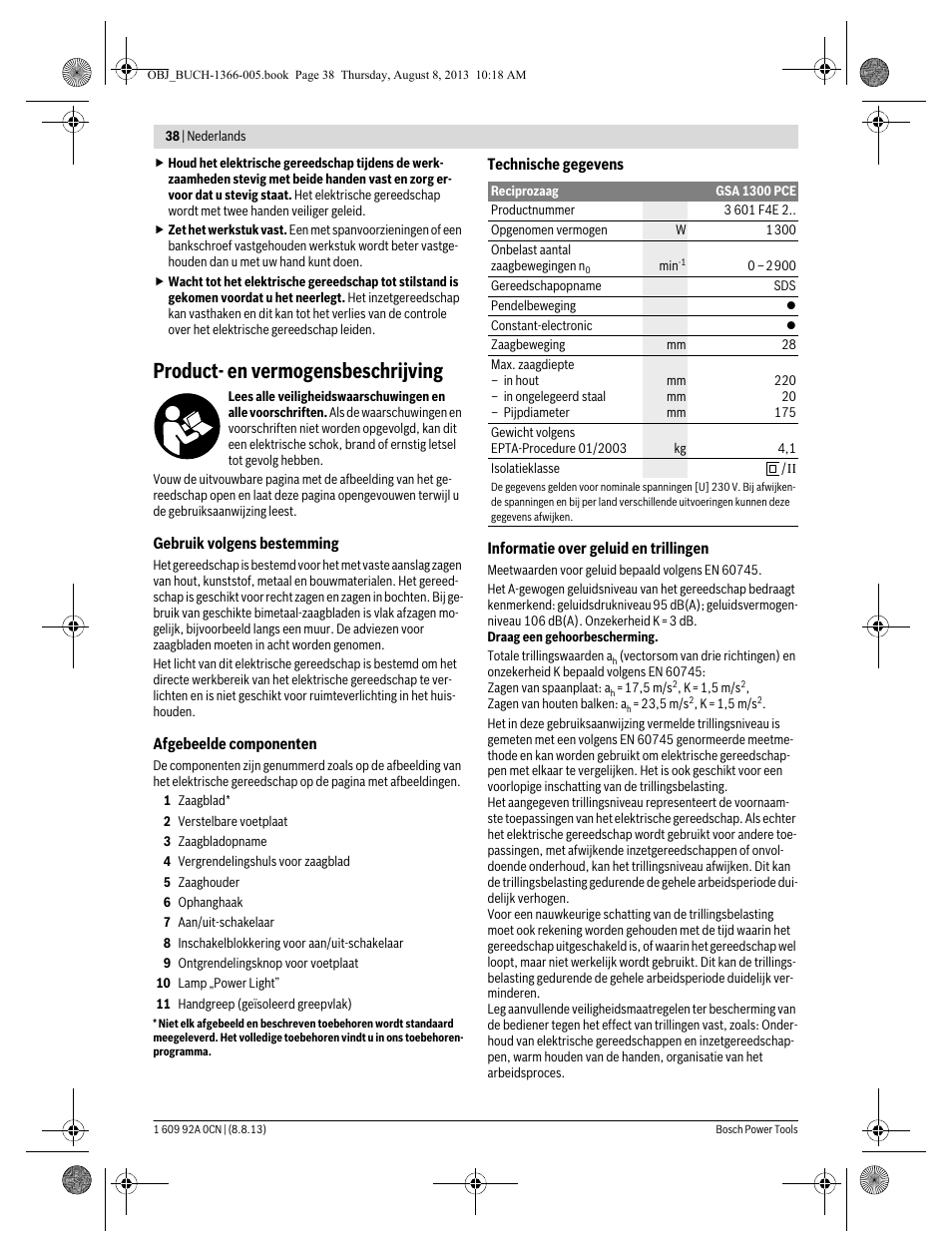 Product- en vermogensbeschrijving | Bosch GSA 1300 PCE Professional User Manual | Page 38 / 156