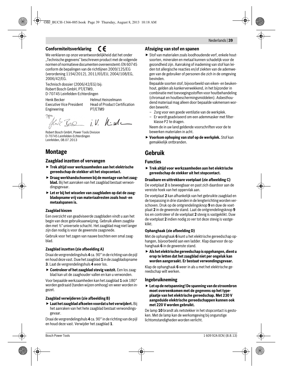 Montage, Gebruik | Bosch GSA 1300 PCE Professional User Manual | Page 39 / 156