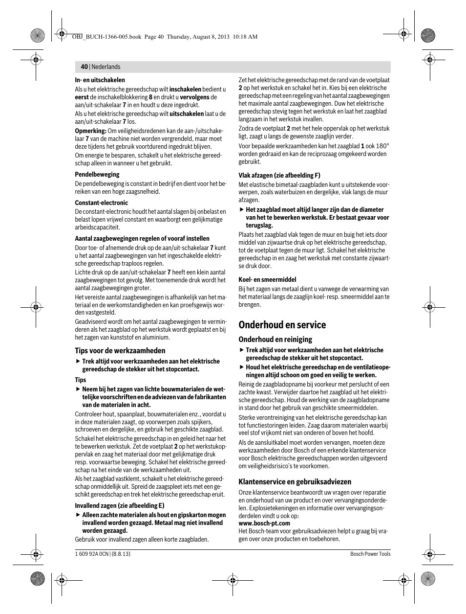 Onderhoud en service | Bosch GSA 1300 PCE Professional User Manual | Page 40 / 156