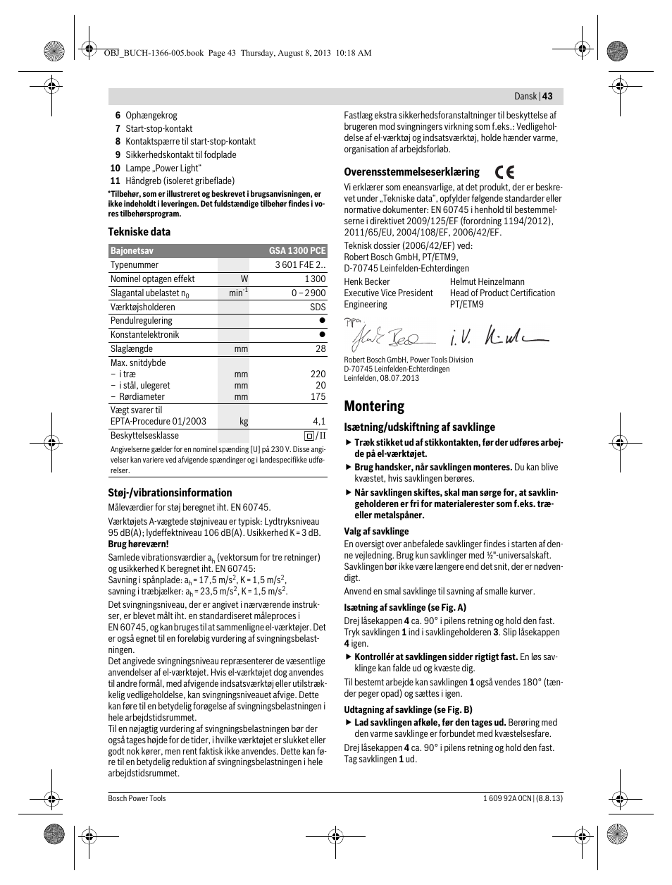 Montering | Bosch GSA 1300 PCE Professional User Manual | Page 43 / 156