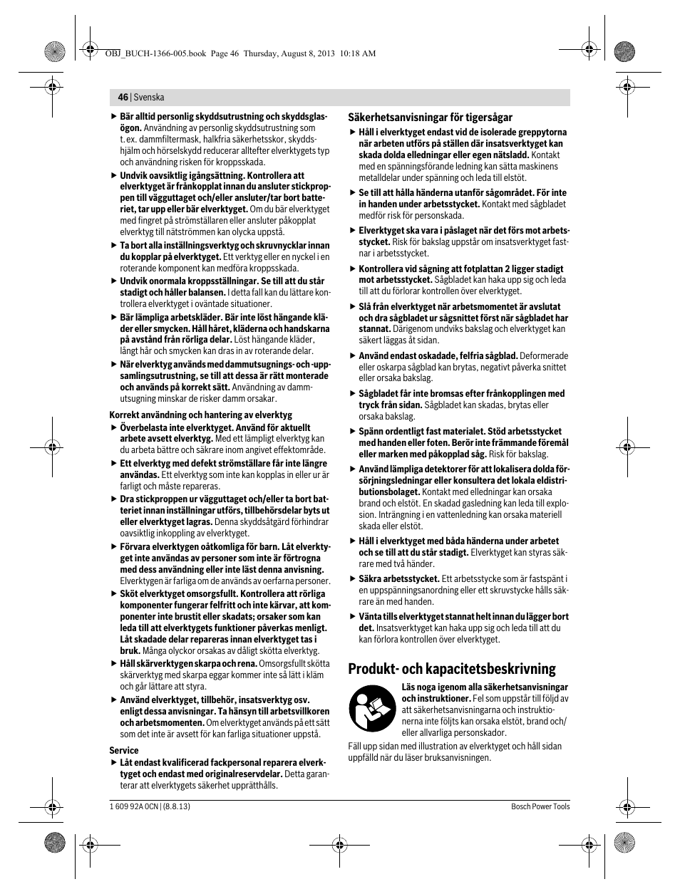 Produkt- och kapacitetsbeskrivning | Bosch GSA 1300 PCE Professional User Manual | Page 46 / 156