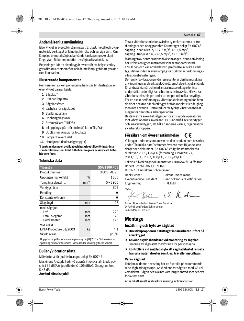 Montage | Bosch GSA 1300 PCE Professional User Manual | Page 47 / 156