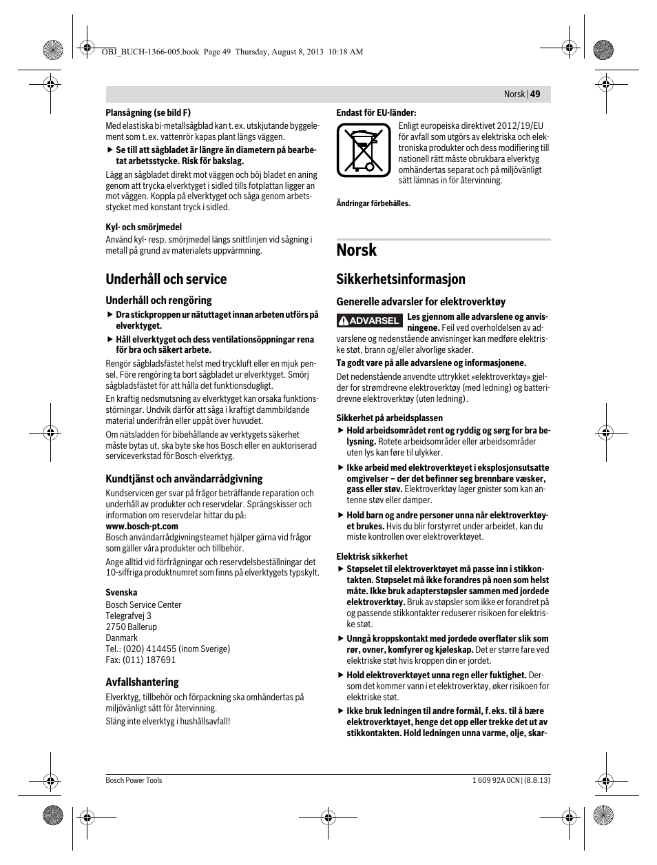 Norsk, Underhåll och service, Sikkerhetsinformasjon | Bosch GSA 1300 PCE Professional User Manual | Page 49 / 156