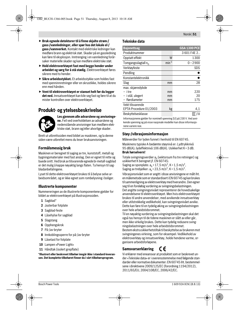 Produkt- og ytelsesbeskrivelse | Bosch GSA 1300 PCE Professional User Manual | Page 51 / 156