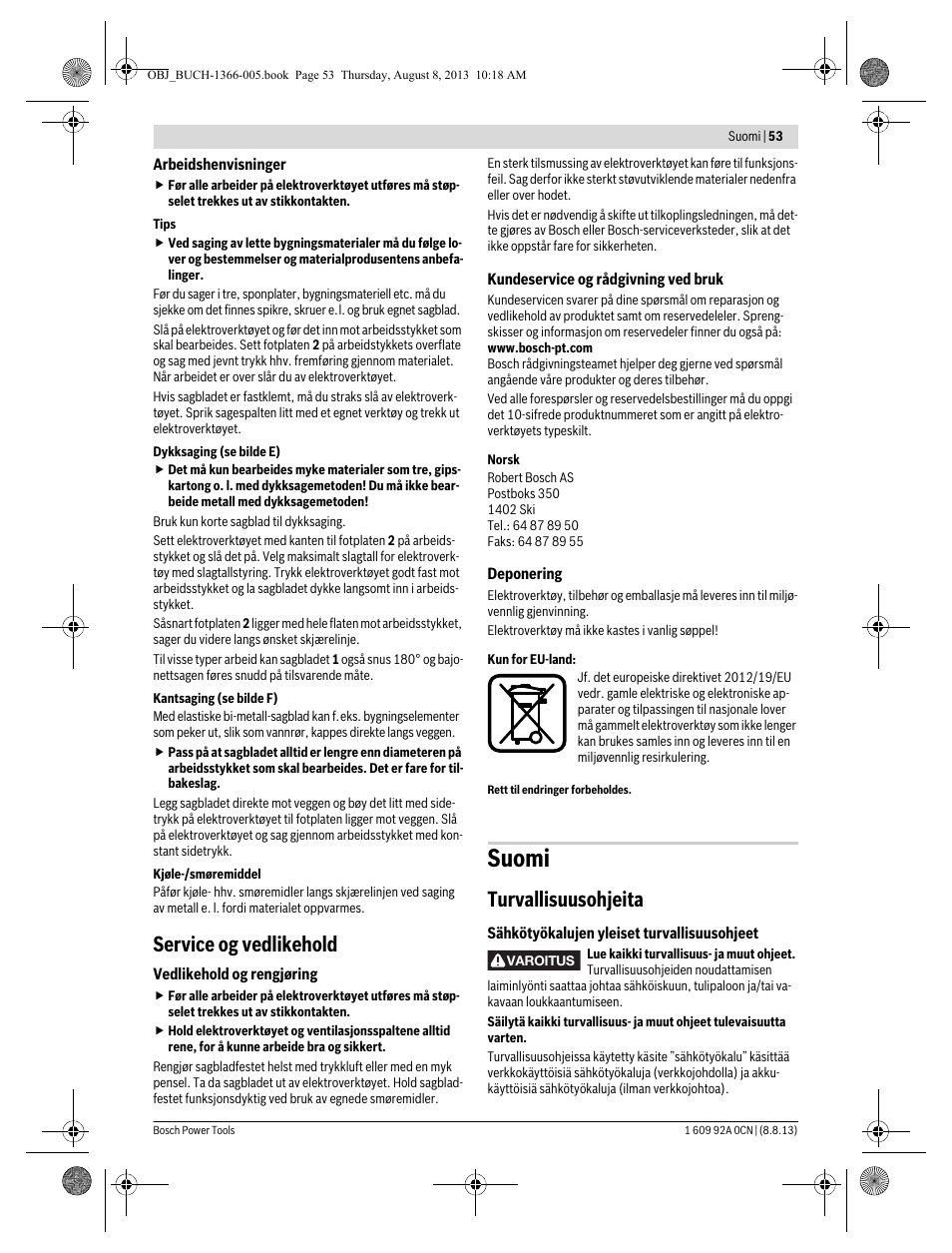 Suomi, Service og vedlikehold, Turvallisuusohjeita | Bosch GSA 1300 PCE Professional User Manual | Page 53 / 156