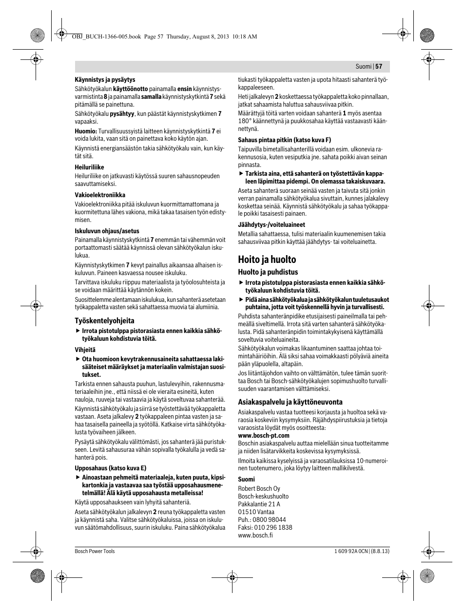 Hoito ja huolto | Bosch GSA 1300 PCE Professional User Manual | Page 57 / 156